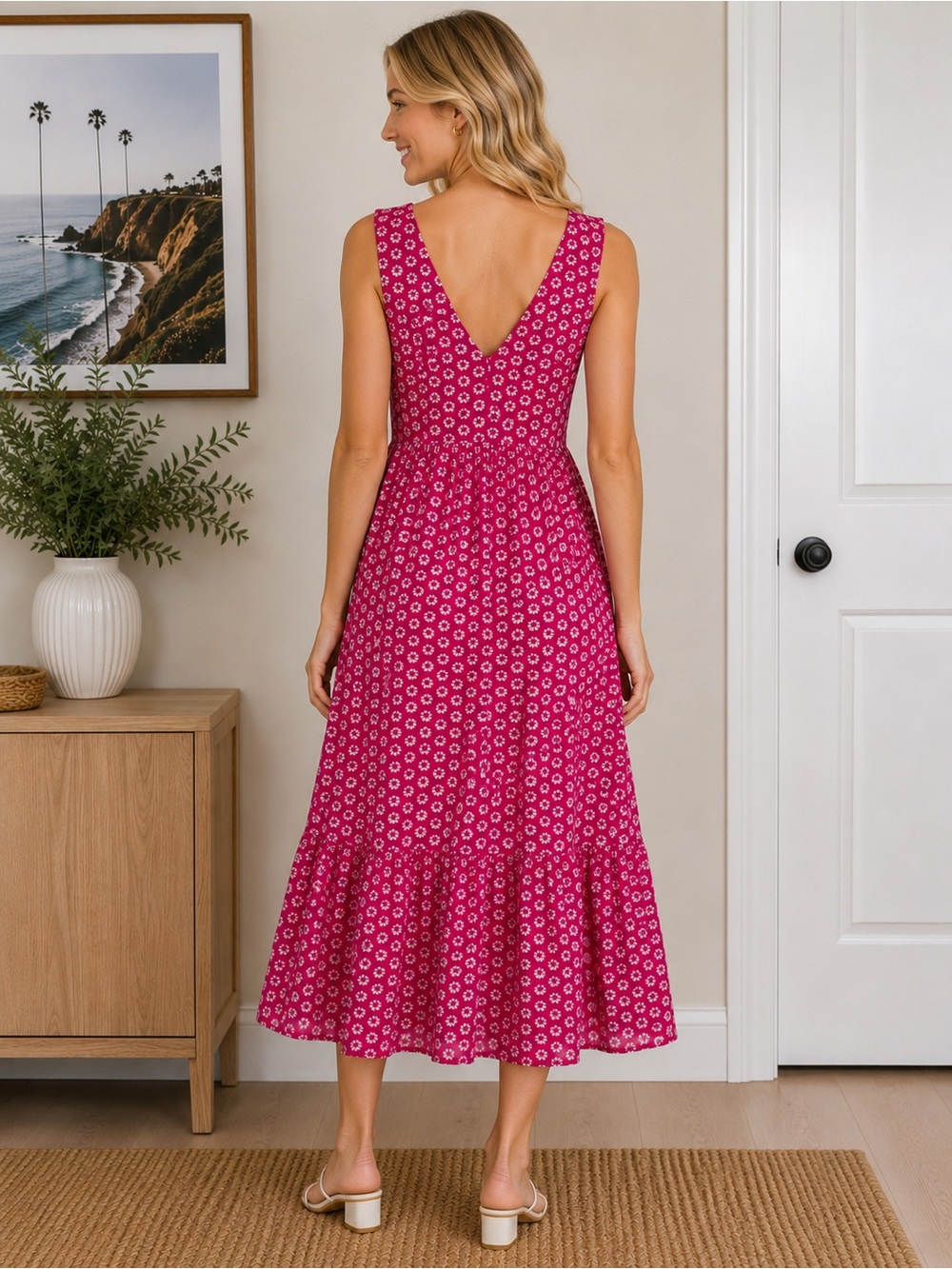 J. Crew Re-Imagined Pink Floral V-Neck Sleeveless Midi Dress 25488 - Picture 2 of 11